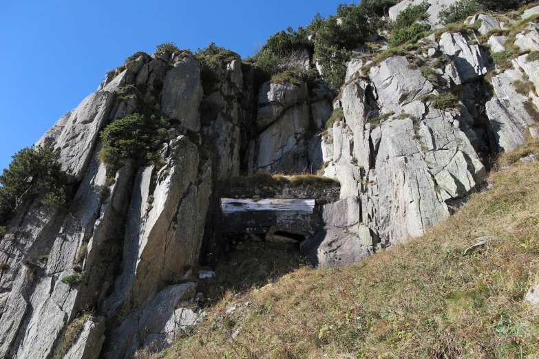 the top of some large rocks are covered by grass