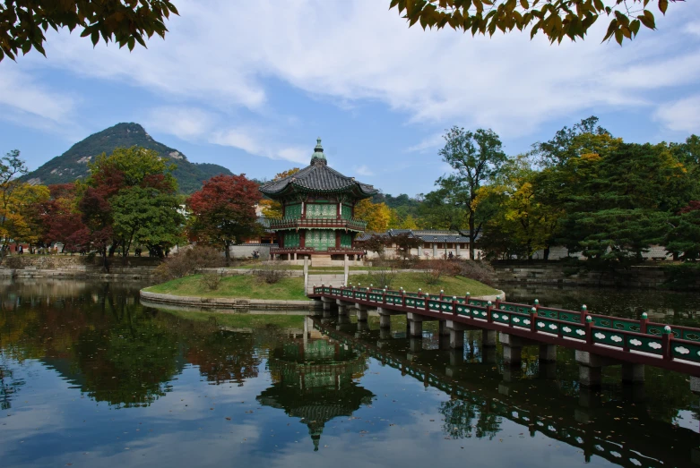 there is a lake in the foreground with a building on the background