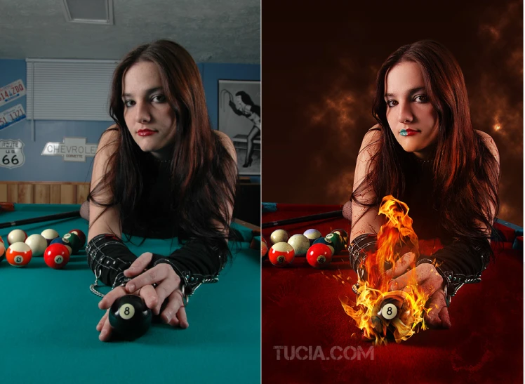 a woman on a pool table with flaming balls