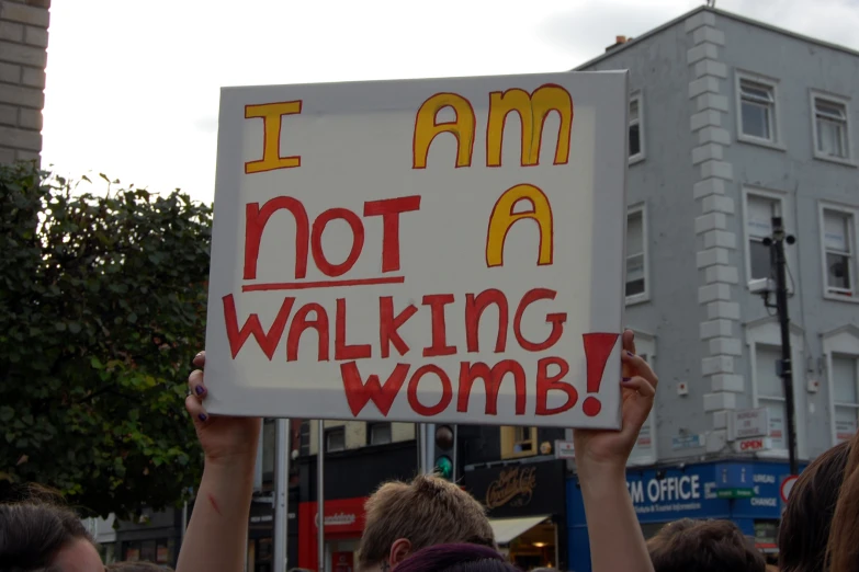 a protest sign being held up at a rally