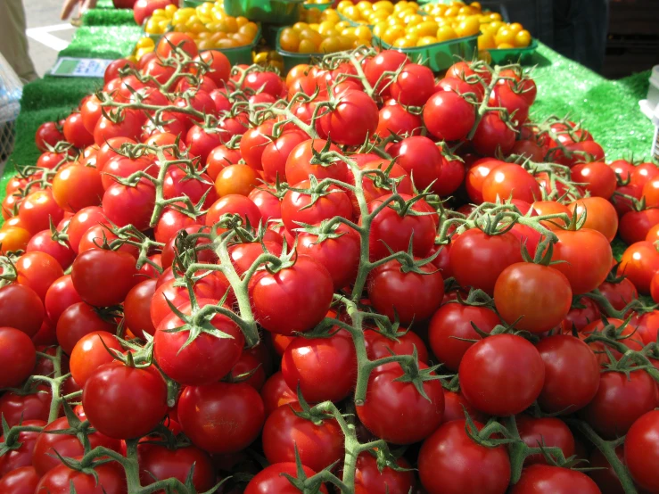 tomatoes and other vegetables are piled together on display