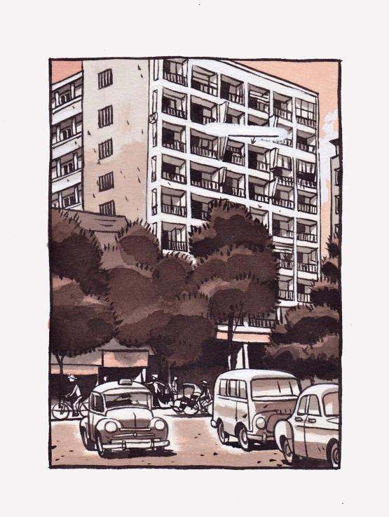 an old drawing of cars on a street in front of some buildings