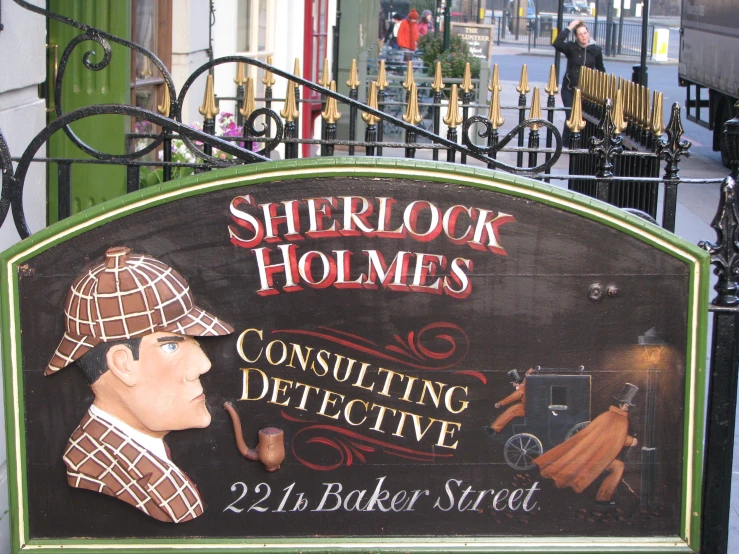 a black sign that says sherllock homes consulting and defense