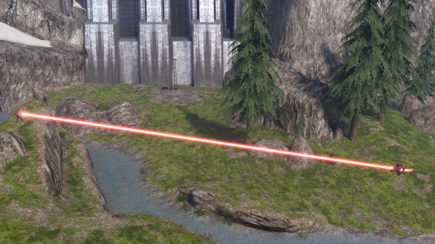 a huge red laser sword is in the air near some trees