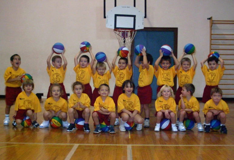 a group of s are holding up basketball balls