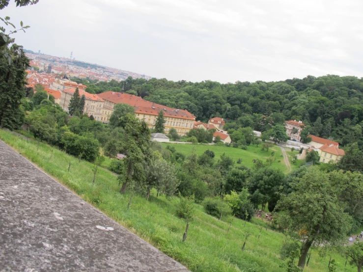 a city with buildings, trees, and a grassy area