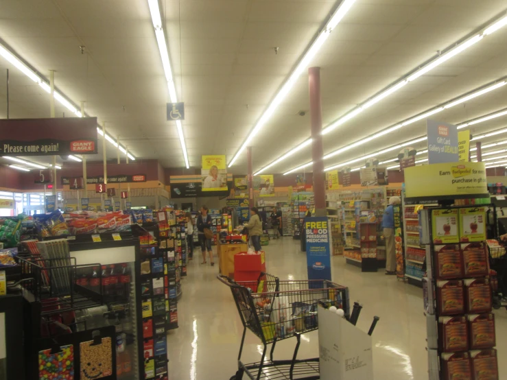 a grocery store with two carts in front of the ceiling