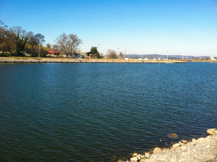 the view of a city from the edge of a lake