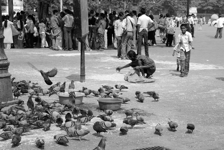 a woman kneeling on top of a cement floor next to a group of birds