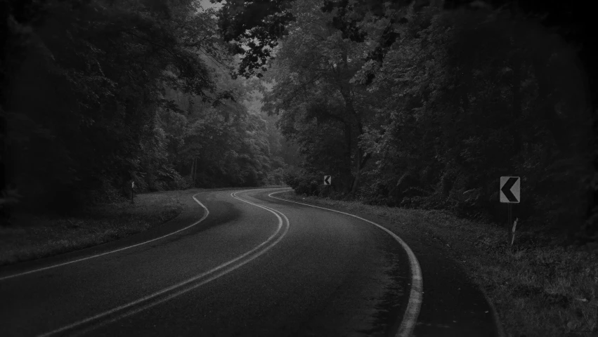 a black and white image of an empty road with trees
