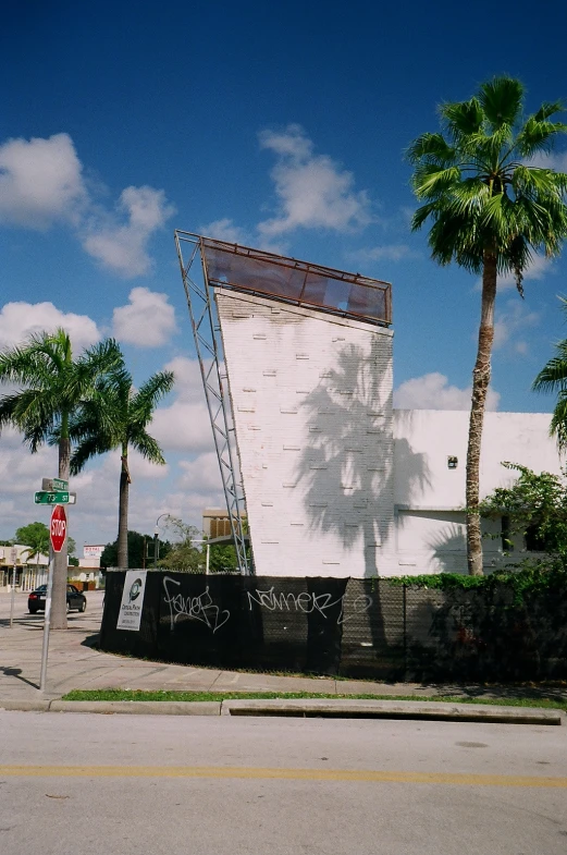 a graffiti on a building with palm trees