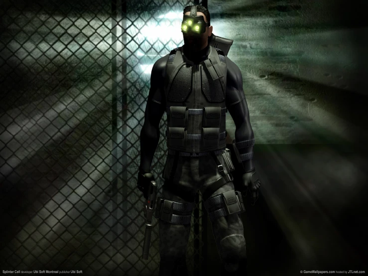 a computer game character with headlamps and body armor in a dark place