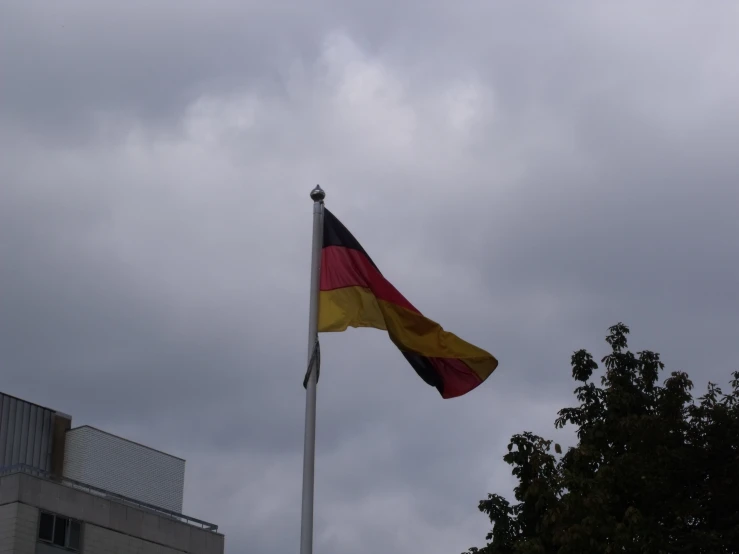 a flag flies high on a cloudy day