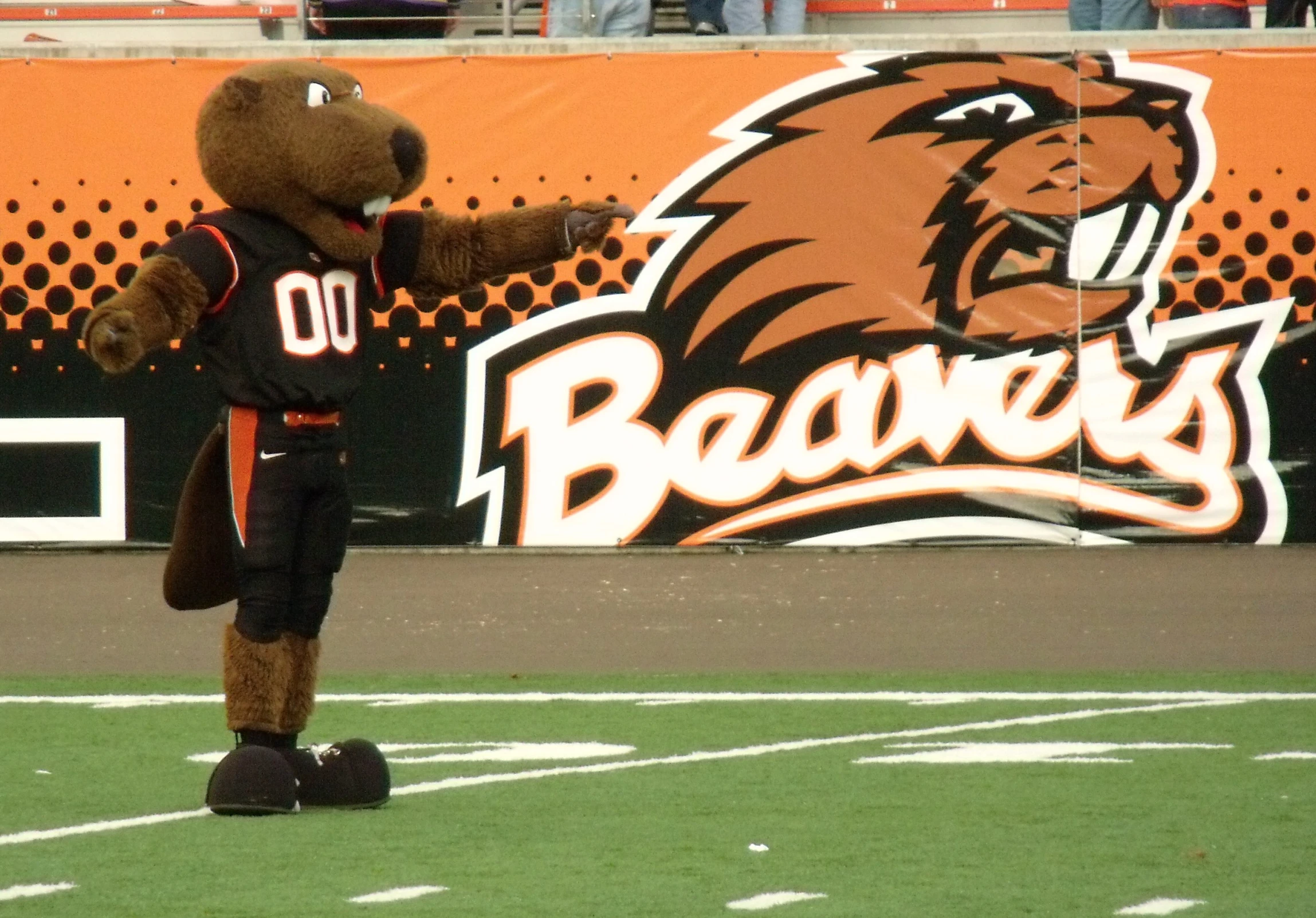 a mascot walking on top of a field