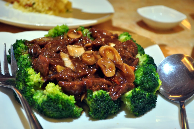 beef and broccoli on a plate with tongs