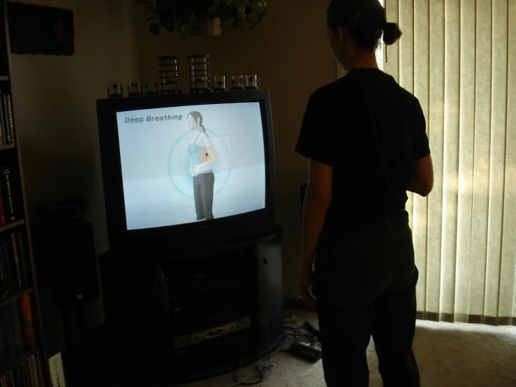 person playing video games on television in home