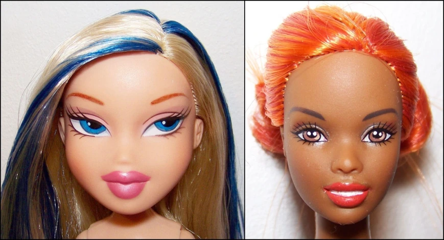 two doll dolls with brightly colored hair and blue eyes