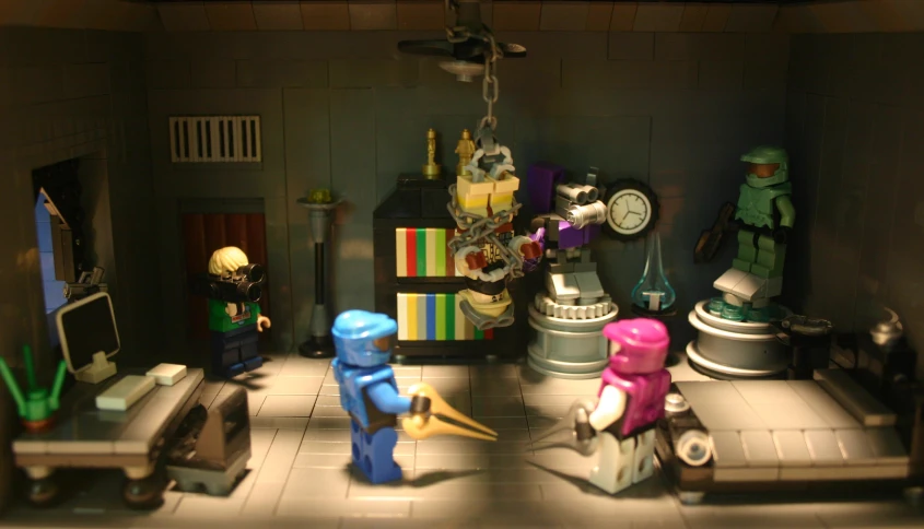 a group of toys set up in a small room