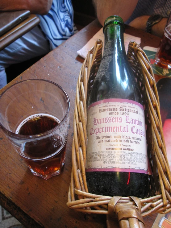 a basket holds a bottle and glass of wine