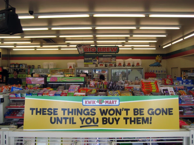 a store that sells stuff is shown with its advertising