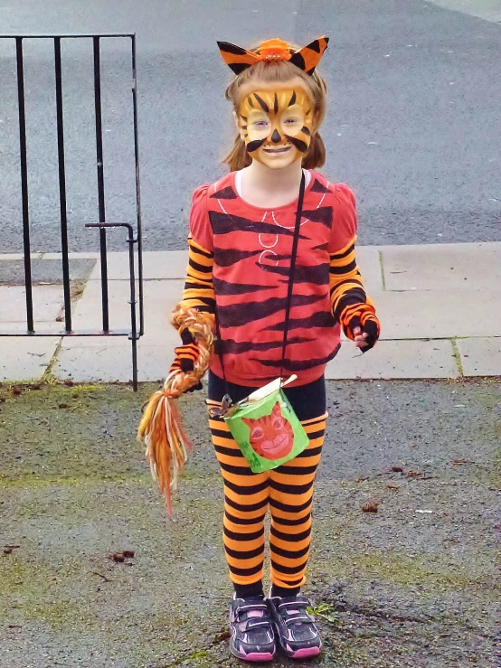 a girl is in costume and wearing an orange and black striped outfit with the face of a cat on