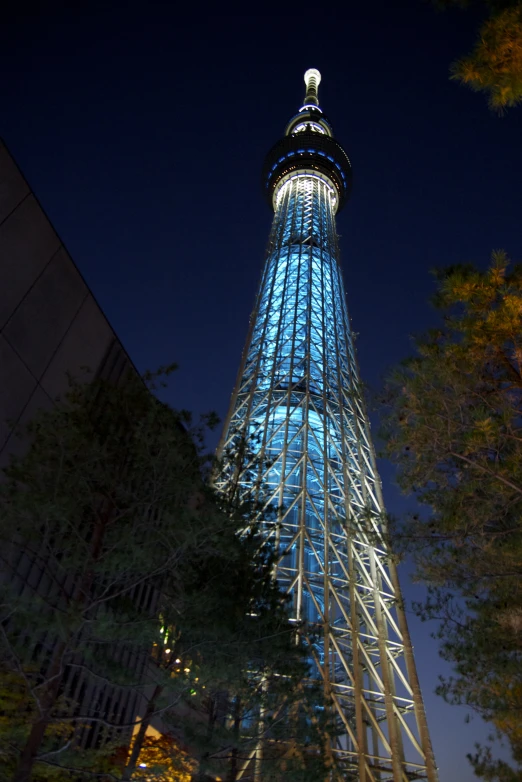 a tall glass tower lit up at night