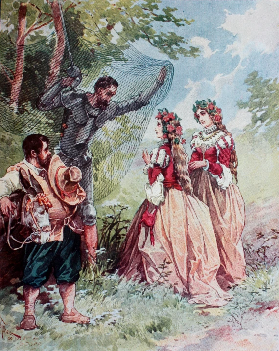 an illustration of four people dressed in fancy clothing talking to each other