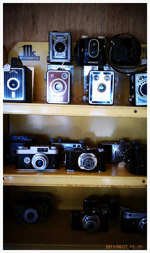 a variety of old cameras sitting on wooden shelves