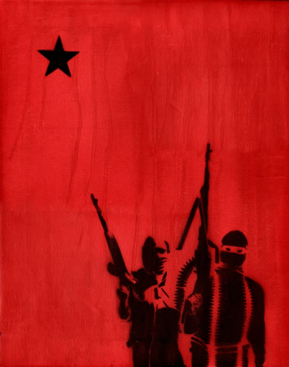 two soldiers with rifles and guns stand against a red background