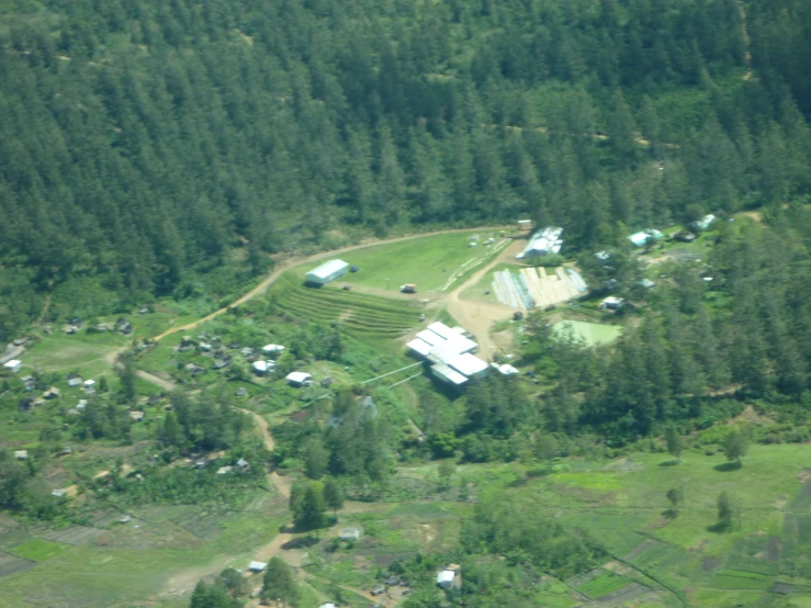 an aerial view of a farm and forest