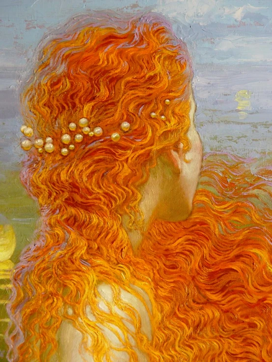 a painting of a woman with red hair with flowers in her hair