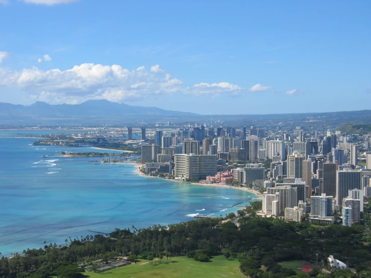 a wide view of the ocean and city in the background