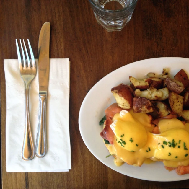 plate of food with hash browns and eggs on it