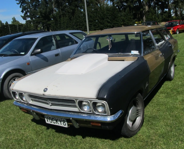 a vintage station wagon parked in the grass with a surfboard on top of it