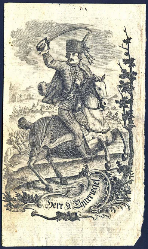 an old paper with a drawing of a man riding on the back of a horse
