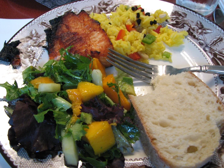 a plate full of food is shown with a fork