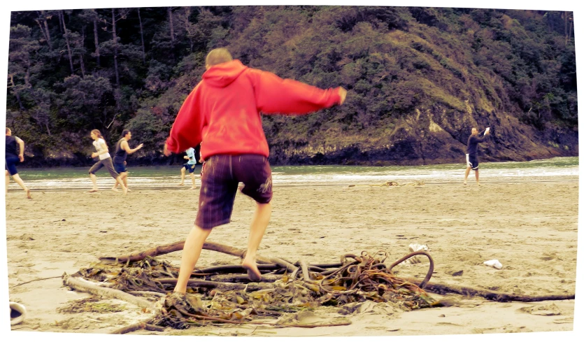 a person in a red jacket with a stick stands on the beach