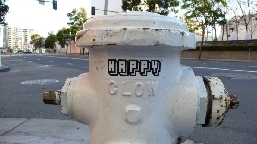 a close up of a white fire hydrant on the side of the road