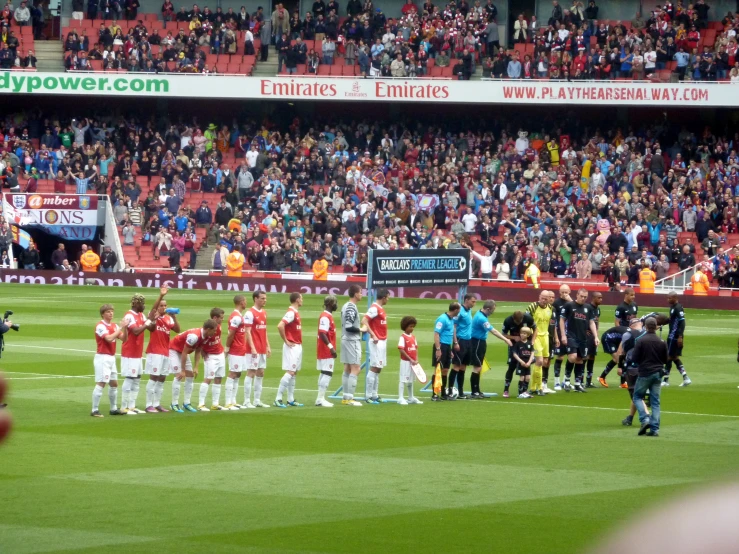 a group of soccer players standing in a line