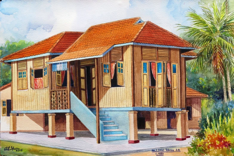 a watercolor painting of a beachfront house