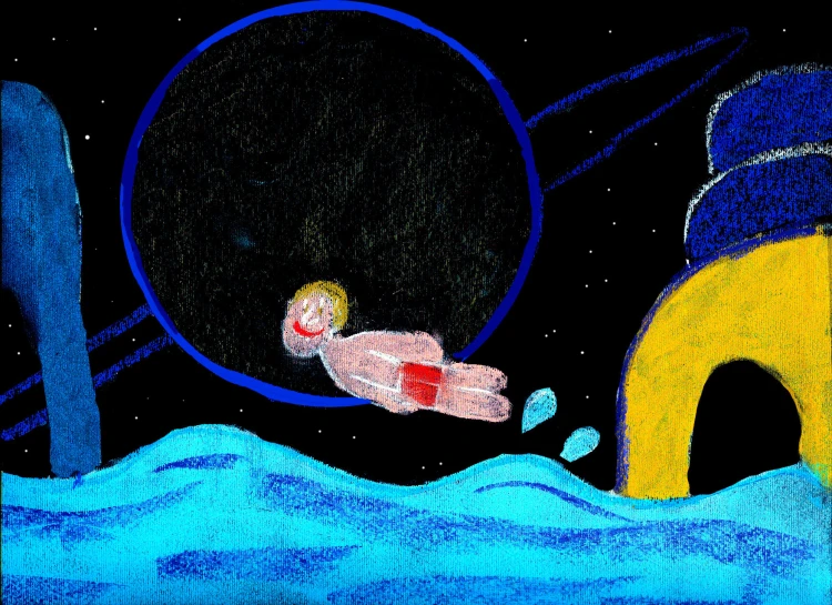 a child with an inner tube swimming under the stars