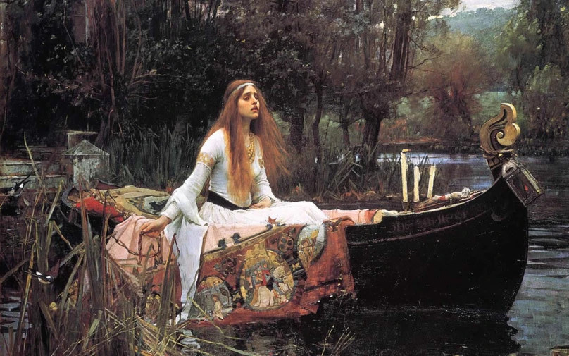 a woman sits in a boat with a long, flowing hair