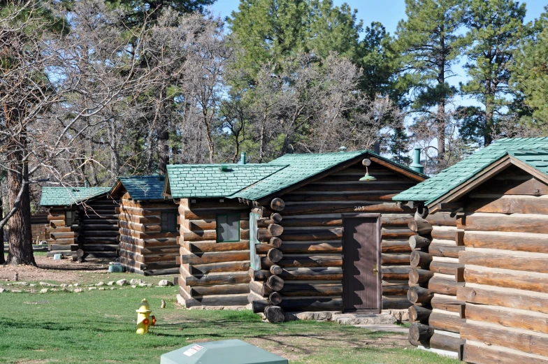 a row of cabins with a fire hydrant near them