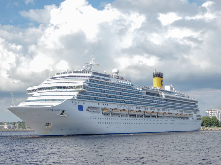 a cruise ship with several passengers docked on the water