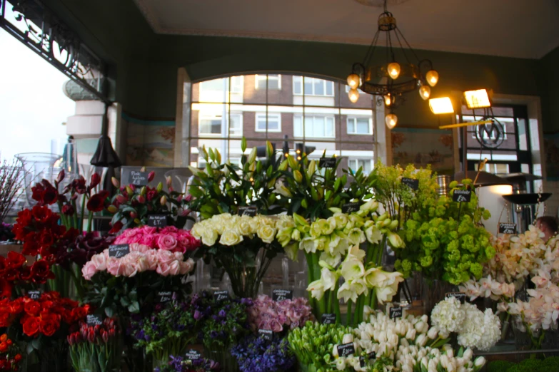 many colorful flowers in the center of a flower shop