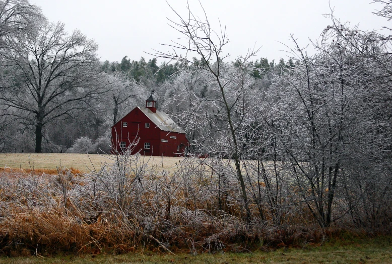 a red building sits in a snowy field