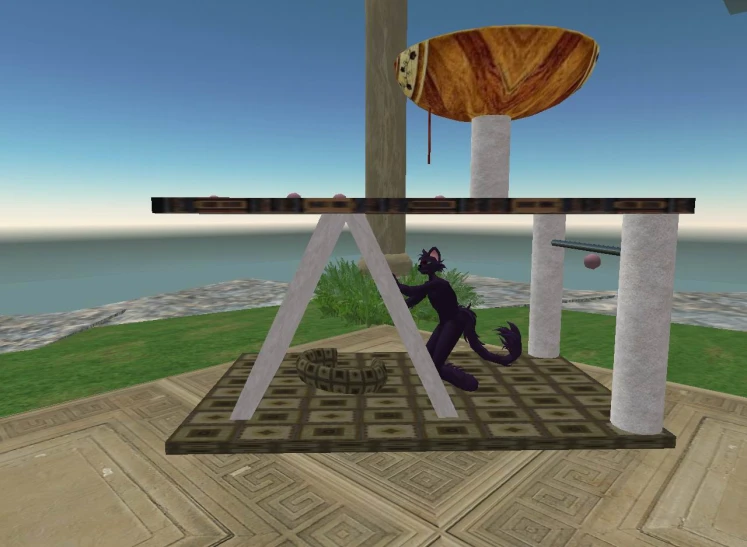 the purple cat is dancing on a platform