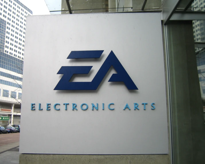the sign for electronic arts with a building in the background