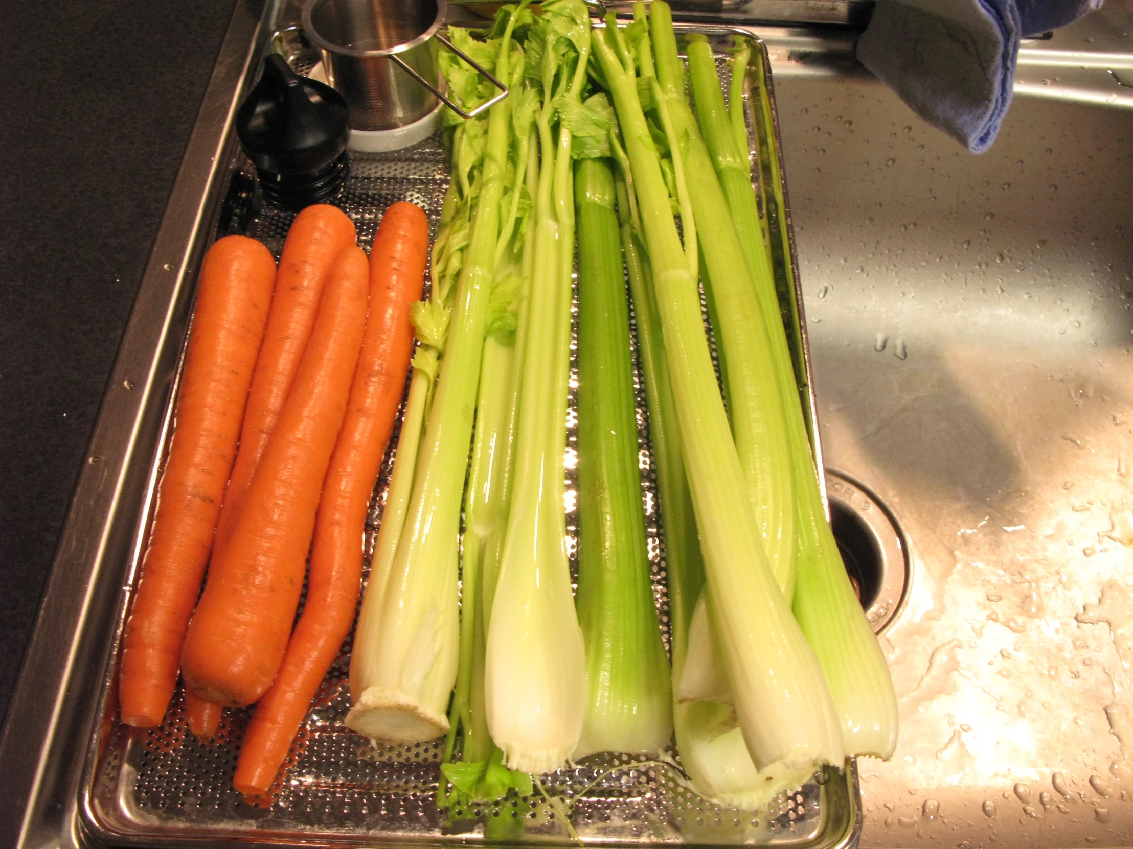 a bunch of fresh vegetables on a metal sink