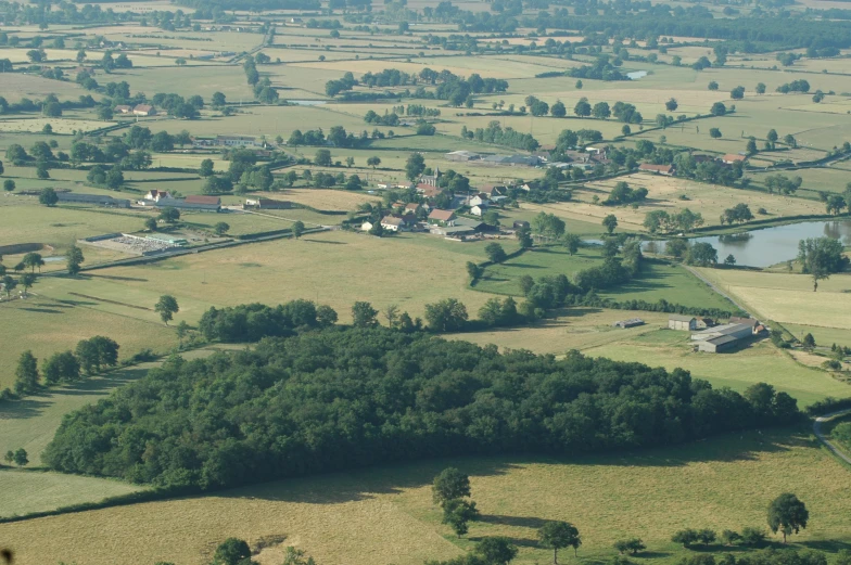 an aerial view of a field with trees and water